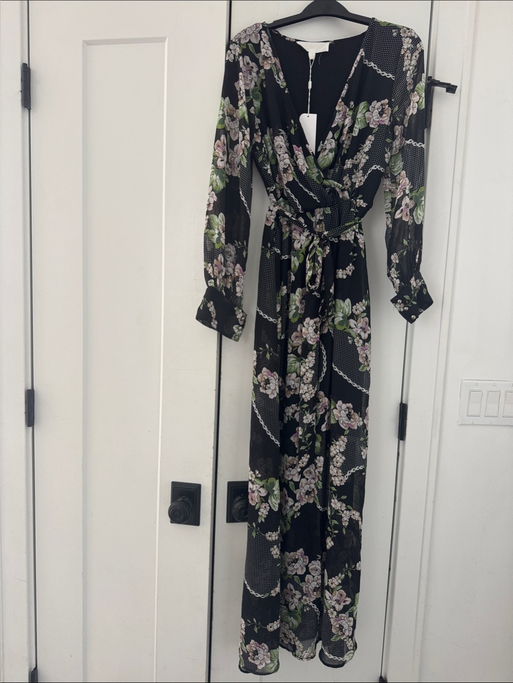 Black Floral Wrap Maxi Dress with Green Accents and Tie Waist